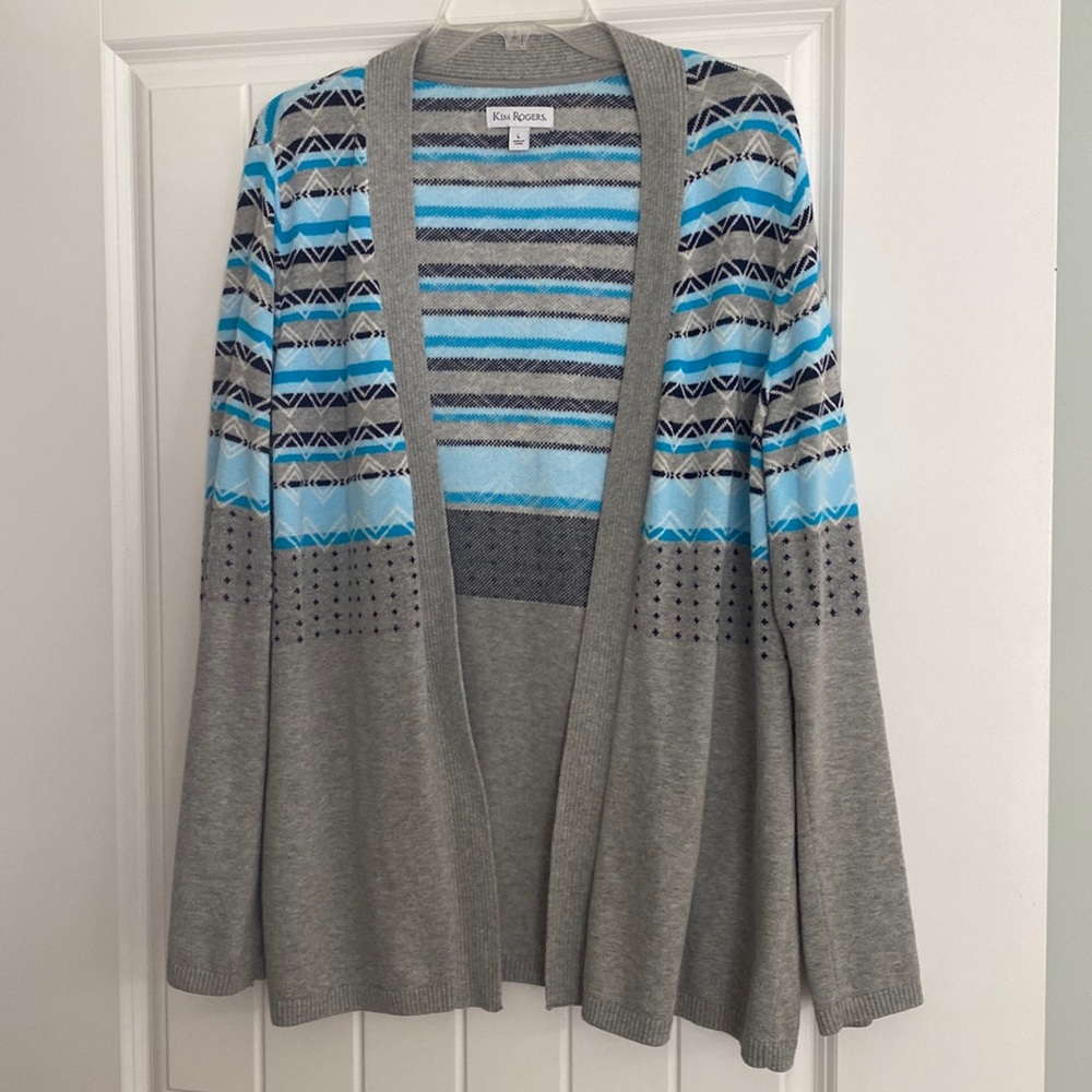 Kim Rogers Open Front Cardigan Gray Geometric Print Size Large
